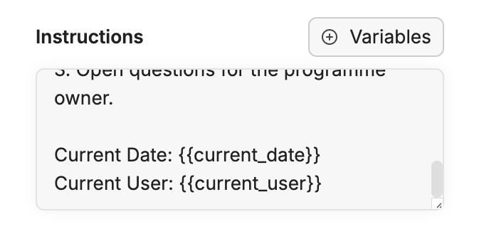Variables menu in the Agent Builder