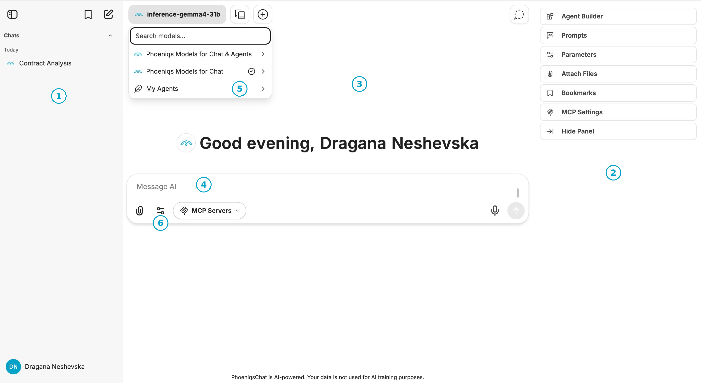 SUNRISE Chat interface overview with numbered callouts
