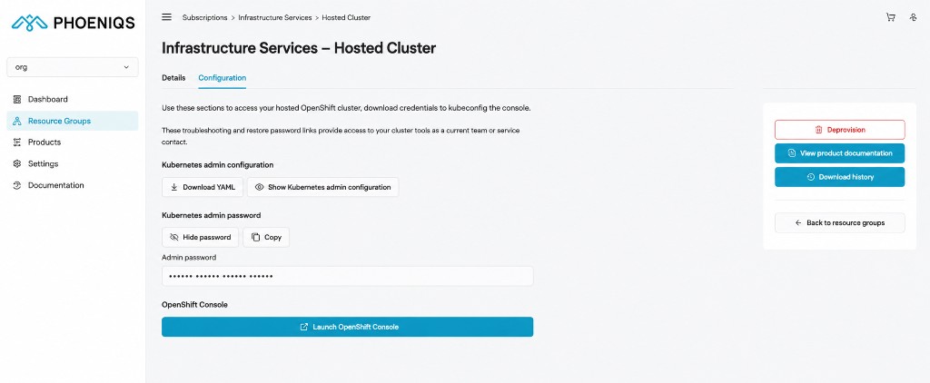 Hosted Cluster Configuration tab in the Sunrise portal — Kubernetes admin credentials and Launch OpenShift Console