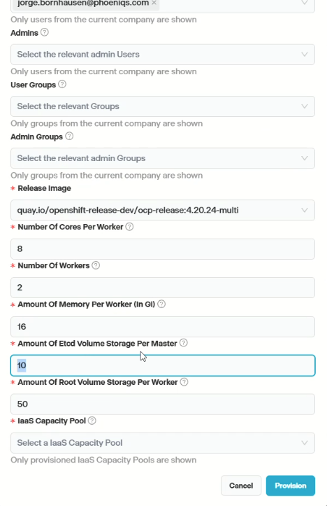 Hosted Cluster provisioning form in the Sunrise portal