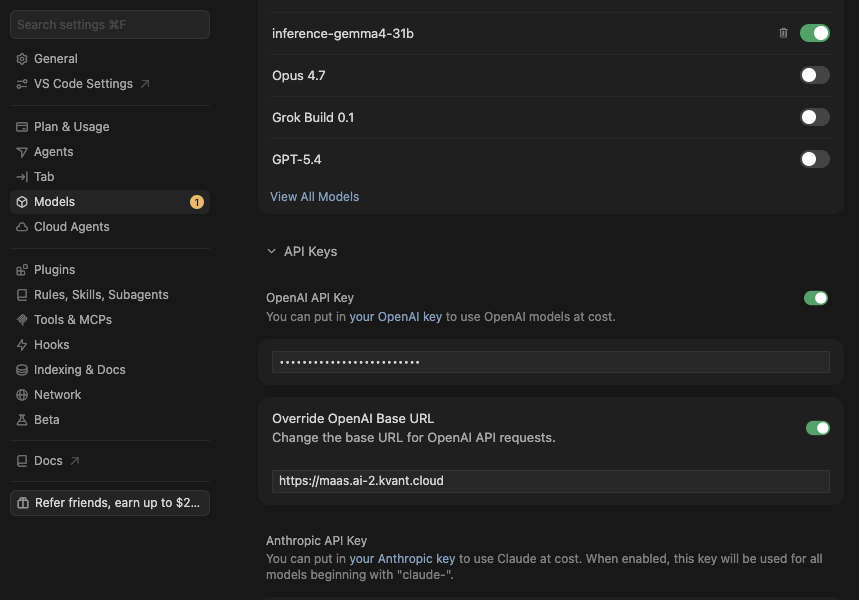 SUNRISE API key and base URL in Cursor
